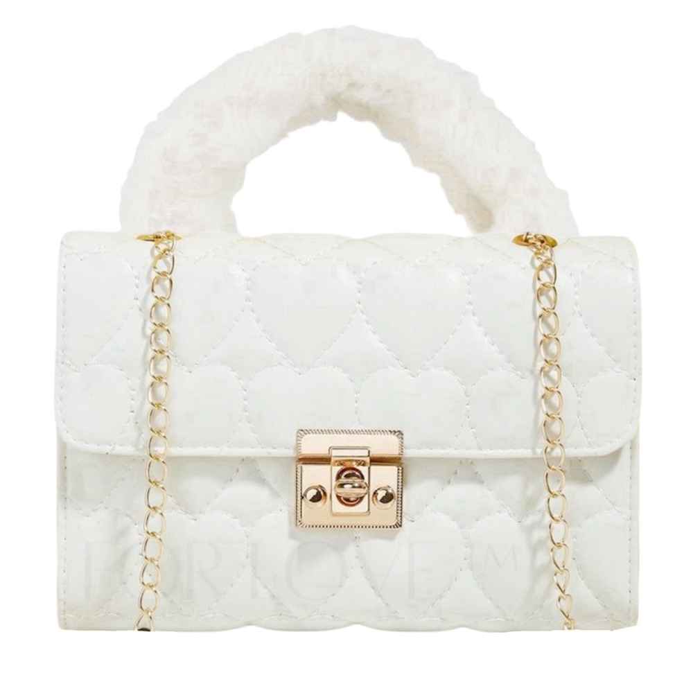 Heart Embroidered Fur Handle Quilted Crossbody Bag Gold Chain Handbag
